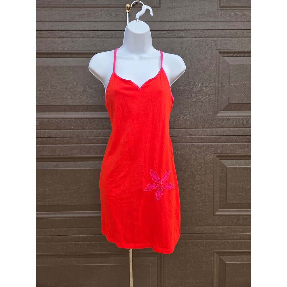 Q.U.E. Red Y2K Mini Dress Pink Floral Applique Spaghetti Strap Sleeveless Medium